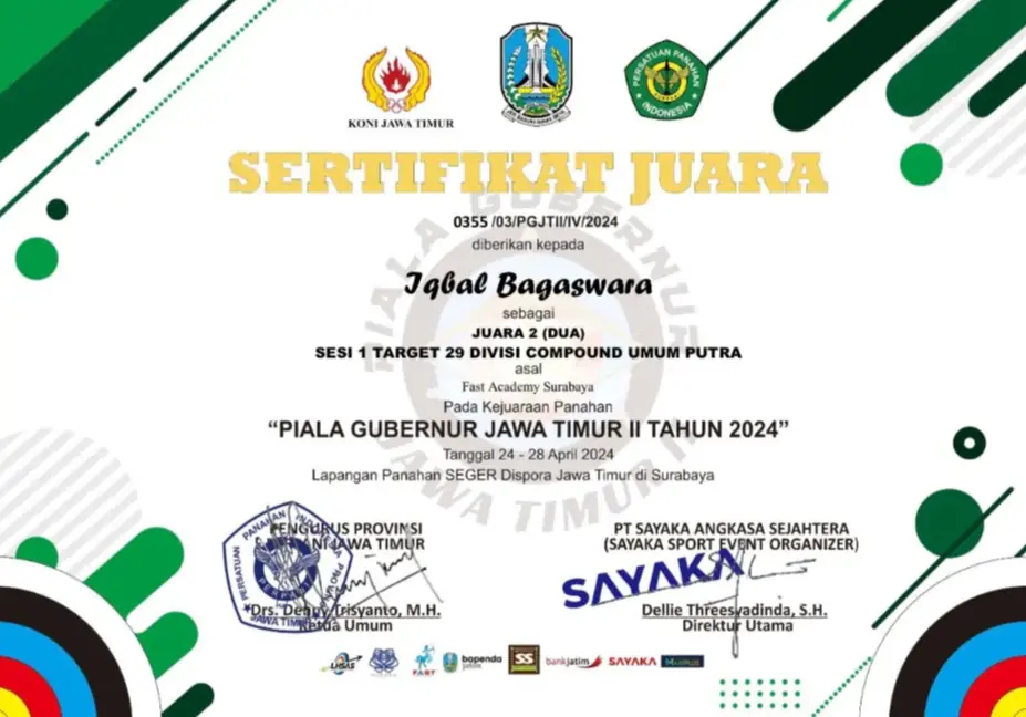 Foto Penghargaan dan Prestasi Juara I Umum Putra Kejuaraan Panahan Piala Gubernur Jawa Timur II Tingkat Nasional