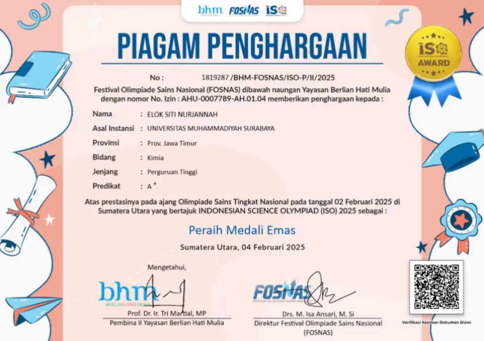 Foto Penghargaan dan Prestasi Juara I Indonesian Science Olympiad (ISO) 2025 Bidang Kimia Tingkat Mahasiswa