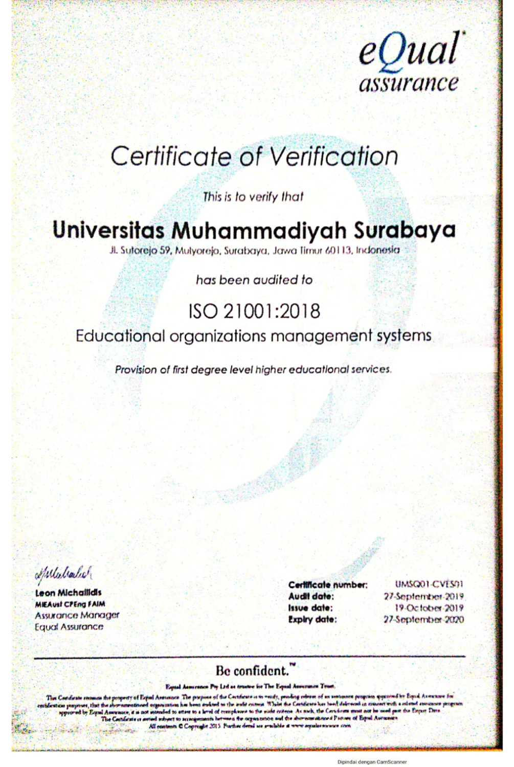 Foto Sertifikat ISO 21001:2018 certificate